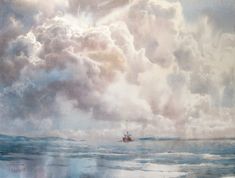 an oil painting of a boat in the ocean under a cloudy sky with white clouds