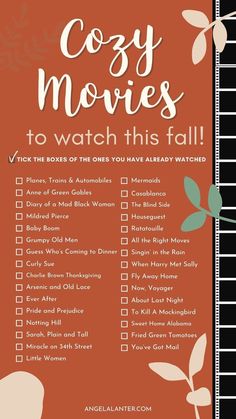 an orange and black poster with the words cozy movies to watch this fall on it