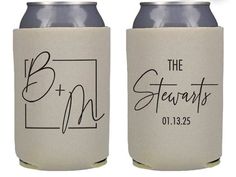 two can coolers with the names and date printed on them