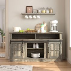 an open cabinet in the middle of a room with plates and bowls on it,