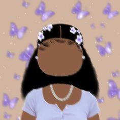 a digital painting of a woman with long hair and pearls on her head, standing in front of purple butterflies