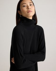 We love to keep cozy in this effortless cashmere turtleneck sweater dress. It comes in a relaxed, slim fit that’s both flattering and comfy. A turtleneck sweater dress is timeless, but a cashmere one? Chefs kiss. We've upgraded it to be smoother, cozier, and more substantial than ever, with less pilling. Our quality cashmere is incredibly long-lasting and three times as warm as wool, sourced sustainably and ethically. Read more on what makes it special in our Cashmere 101.  | Quince | Women's Mo Black Cashmere Turtleneck, Chefs Kiss, Cashmere Dress, Turtleneck Dress, Inner Mongolia, Turtleneck Sweater Dress, Cashmere Turtleneck, Ribbed Turtleneck, Shanghai China