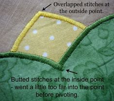 instructions for how to sew on the back of a green and yellow shirt with white polka dots