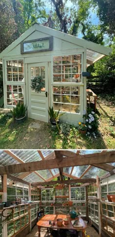 an old shed turned into a greenhouse with windows and plants in the roof, inside and out