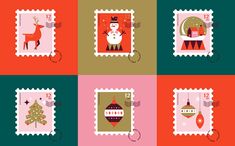 stamps with christmas decorations on them are shown in four different color schemees, one is green and the other is red