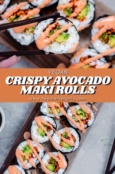 sushi rolls with choppy avocado and salmon on top, served in a wooden tray