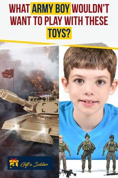 a young boy is looking at the camera with an army toy in front of him