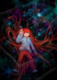 a girl with long red hair and stars in the background, holding her hand up