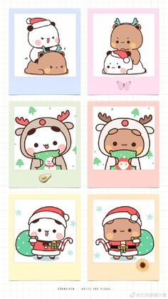 some cute animals with christmas hats on