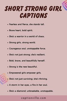 a pink poster with the words short strong girl captions