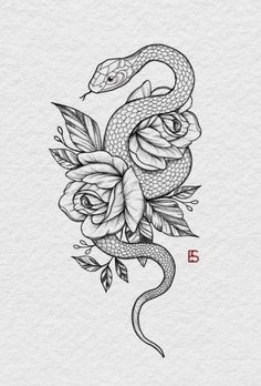 a snake and roses tattoo design on paper