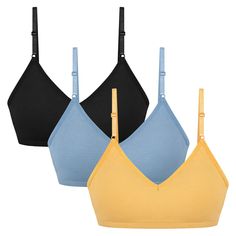 PRICES MAY VARY. 【Breathable Sports Bra】Made of 95% Cotton and 5% Spandex.Soft material provides a very good breathability and comfortable body touch. 【Great design】Girls training bra with removable padding and adjustable straps can totally wrap and support the chest, protecting the budding body of a teenage girl. 【NO buckle】Girls' pullover training bra is designed with no buckle in the back and can be worn while sleeping without binding. 【Bras for Teens】Available in a set of 3 colors recommend Bras For Teens, Design Girl, Age 12, Black N Yellow, Soft Material, For Girls, Binding, Adjustable Straps