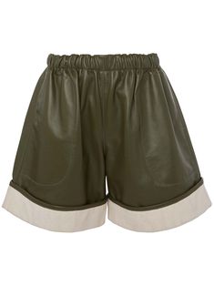 green cotton nappa leather drawstring fastening waist two side inset pockets turn-up hem Leather Shorts Women, Tailored Shorts, Jw Anderson, Leather Shorts, Cool Socks, Drawstring Shorts, Green Cotton, Green Leather, Nappa Leather