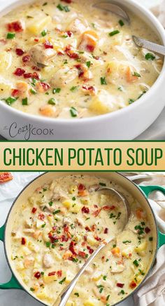 two pictures of chicken potato soup in a green and white bowl with a spoon on the side