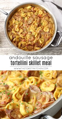 an image of a skillet filled with tortellini shells and sauce on the side