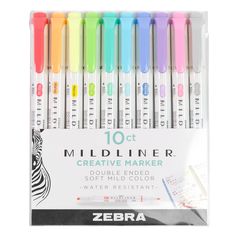 zebra colored markers are in a package with the numbers 8 and 9 on it's side