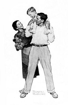 a drawing of a man holding a baby while standing next to an adult and child