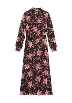 This dress is abloom with pretty florals and flows down to a floor-length silhouette. Button up in style.Black/pinkAll-over floral printRound neckFront button fasteningLong sleevesBelted waistFloor-lengthComposition: Viscose 100%Made in Italy Gucci Pink Dress For Spring, Spring Pink Gucci Dress, Gucci Pink Spring Dress, Floral Print Long Midi Dress For Daywear, Chic Pink Gucci Dress, Feminine Floral Print Viscose Maxi Dress, Feminine Viscose Maxi Dress With Floral Print, Pink Floral Print Viscose Midi Dress, Spring Gucci Long Sleeve Dresses