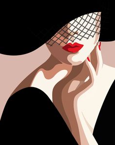 a woman wearing a hat with red lipstick and veil on her head, in black background