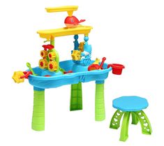 a toy table and stool with toys in the water for children to play together on