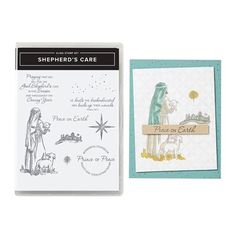 a card and envelope with the stamp set for shepherd's care, featuring a nativity scene