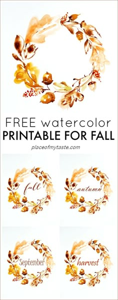 watercolor printable fall wreaths with leaves and berries