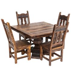 a wooden table with chairs around it