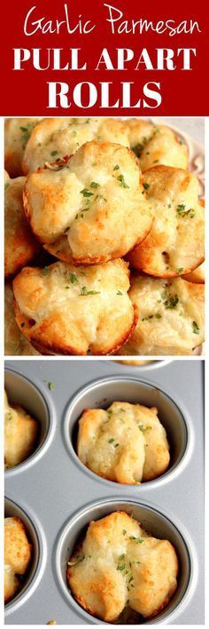 garlic parmesan pull apart rolls in a muffin tin with the title above it