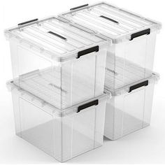 three plastic storage containers with lids on each side and one is clear, the other has black handles