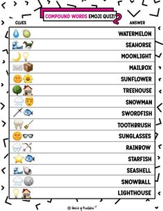 the compound words quiz game is shown in this graphic style, which includes an image of different