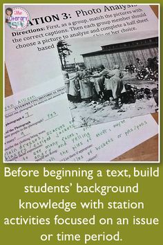 some papers with pictures on them and the words before beginning a text, build students'background knowledge with station activities focused on an issue or time period