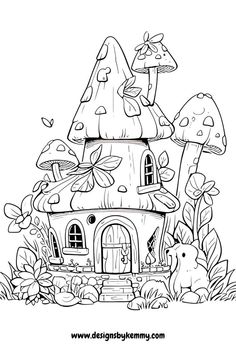 a mushroom house with mushrooms and flowers on the roof is outlined in black and white