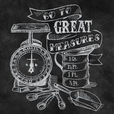 a chalkboard drawing of a compass, measuring tape and ribbon with the words great measures written on it