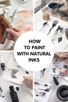 the process of painting with natural inks is shown in four different pictures, including black and white