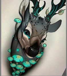 a drawing of a deer with blue eyes and antlers on it's head