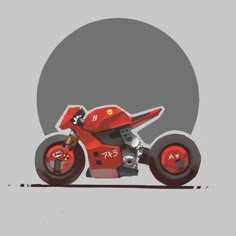 a red motorcycle is shown in front of a gray background with an oval shape behind it