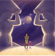 an animated scene with two people standing in front of some strange shapes and lights on the wall