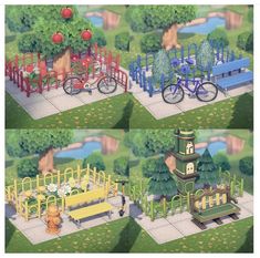 several different types of park benches, trees, and bicycles in various stages of development