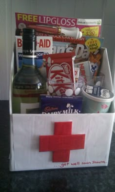 a red cross box filled with medical supplies