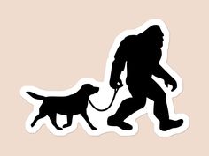 a sticker of a bigfoot walking with a small dog on a pink background