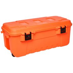 an orange plastic storage box with black handles and latches on the lid, sitting against a white background