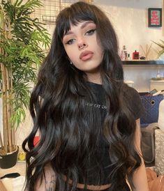 Long Black Hair Bangs Aesthetic, Straight Fringe Long Hair, Divine Feminine Hair, Long Black Hair Fringe, Dark Hair With Fringe Bangs, Bangs Alternative Hair, Girls With Bangs Aesthetic, Long Alternative Hair Grunge, Alternative Hair Bangs