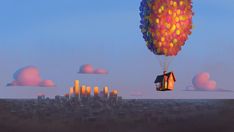 a house floating in the air with balloons attached to it's roof and some buildings below