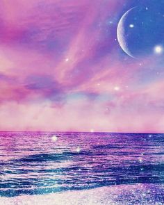 an ocean scene with the moon and stars in the sky