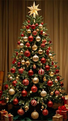 a christmas tree with red and gold ornaments