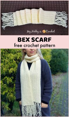 a woman wearing a white scarf with fringes and text that reads, bex scarf free crochet pattern