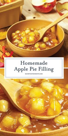 homemade apple pie filling in a wooden bowl with spoon and apples on the table behind it