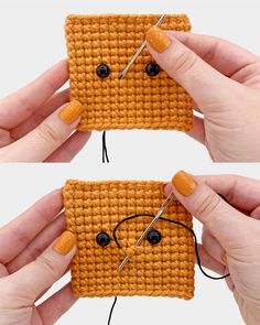 two pictures showing how to make a crochet square with yarn and buttons on it