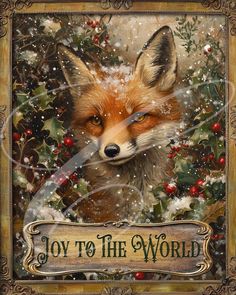 a painting of a fox with snow on it's face and the words joy to the world