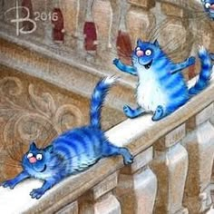 three blue cats are climbing up the side of a balcony railing, and one is on its hind legs